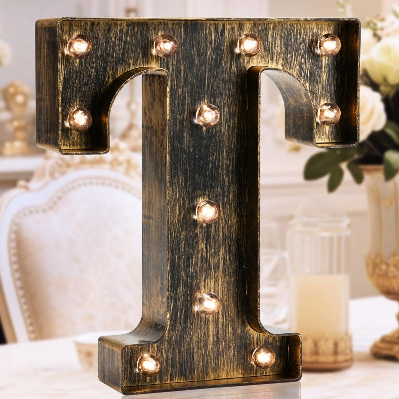 OYCBUZO Golden Black Led Marquee Letter - Industrial, Vintage Style Light Up Alphabet Letter Sign for Cafe Wedding Birthday Party Christmas Lamp Home Bar Initials Decor - T - Image 1